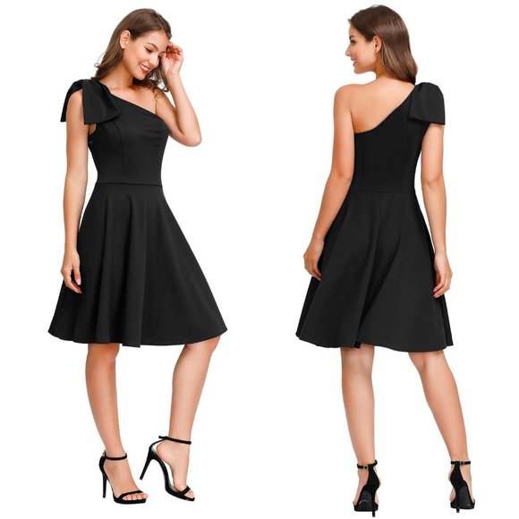 JASAMBAC One Shoulder Bow Black A-line Cocktail Party Dress with Pockets XL - Picture 2 of 11